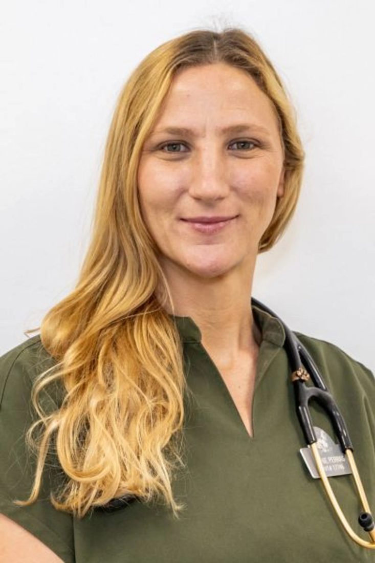 Smiling female veterinarian in green scrubs with stethoscope against white background